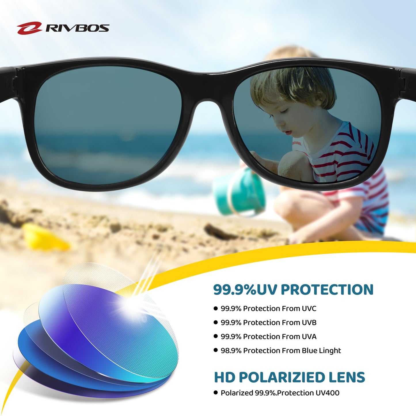 RIVBOS Kids Sunglasses Boys with Strap Polarized Rubber Flexible Shades for Toddler and Children Age 3-10 RBK004-2 Black Ice Red Lens
