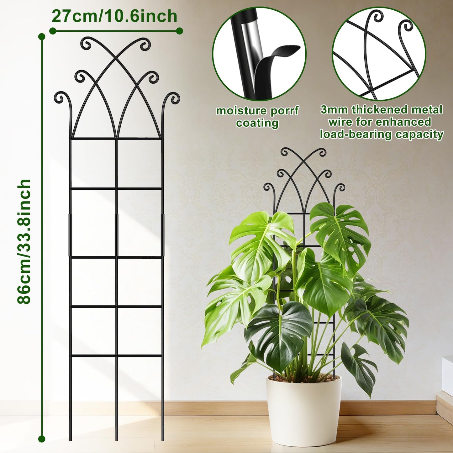 33.8in Tall Trellis for Climbing Plants Indoor & Outdoor, 4 Pack Metal Trellis for Potted Houseplant, Sturdy Support for Ivy, Pothos, Monstera, Hoya and Flower Vines, Black