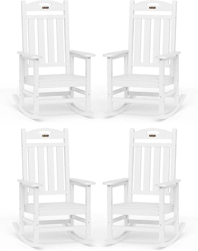 Oversized Rocking Chairs Outdoor Set of 4, High Back Porch Rocking Chair, HDPE All Weather Resistant Patio Chairs, 380lbs Weight Capacity, White