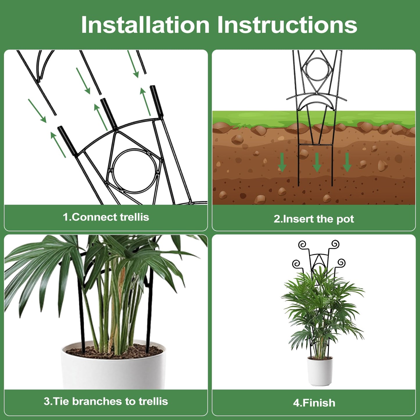 Yhtpouqe Stackable Metal Trellis for Climbing Plants Outdoor & Indoor - 4 Pack Garden Trellis for Potted Plants, Rust-Resistant Plant Support Stakes for Vines, Flowers - Sturdy Plant Trellis