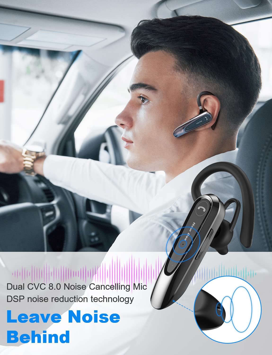 New bee Bluetooth Headsets with Dual Mic V5.0 Handsfree Bluetooth Earpiece with 25 Hrs Talking Time Mic Mute Two Device Connection for iPhone, Android and Laptop