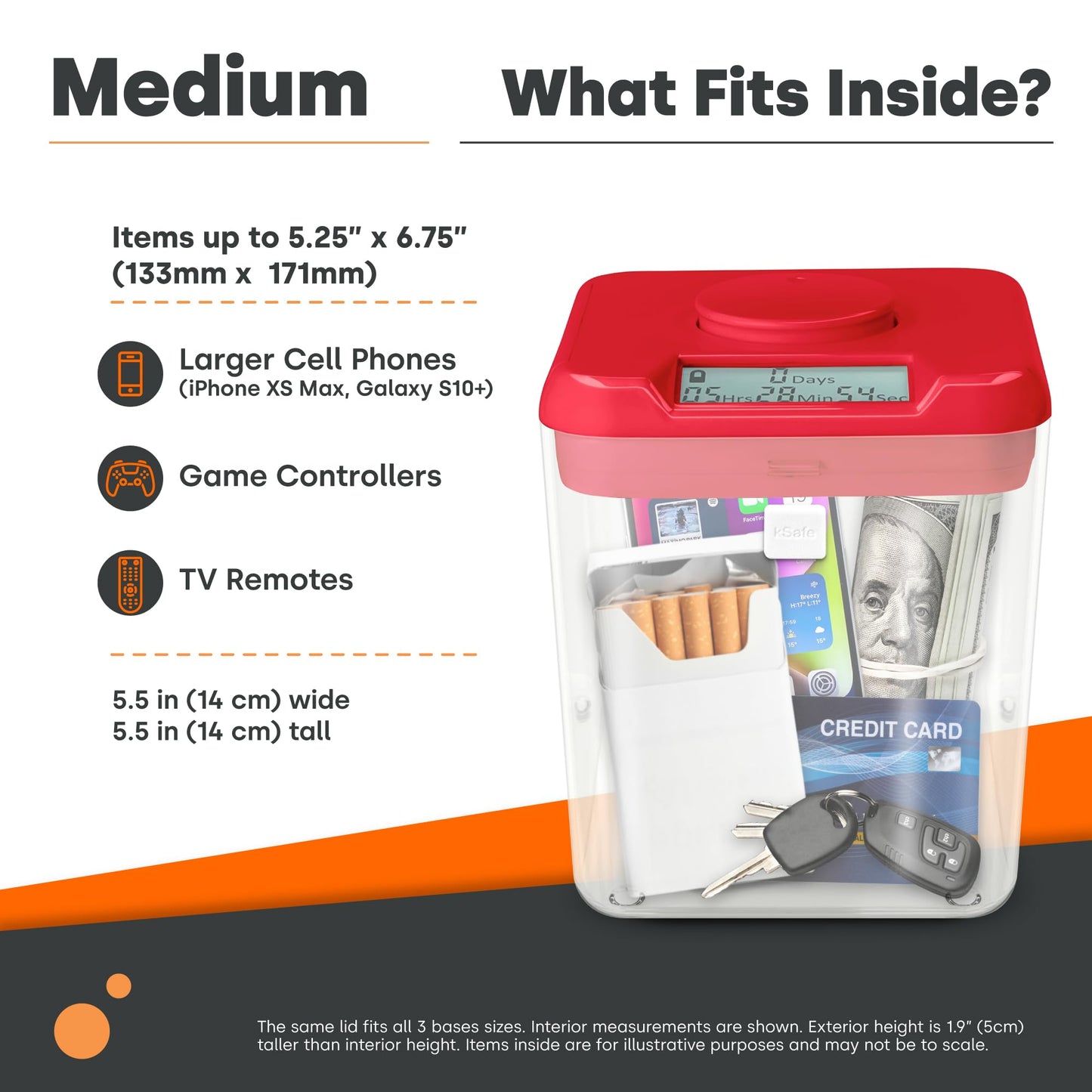 Kitchen Safe Time Locking Container (Medium), Timed Lock Box for Cell Phones, Snacks, and other unwanted temptations (Red Lid + 5.5” White Base)