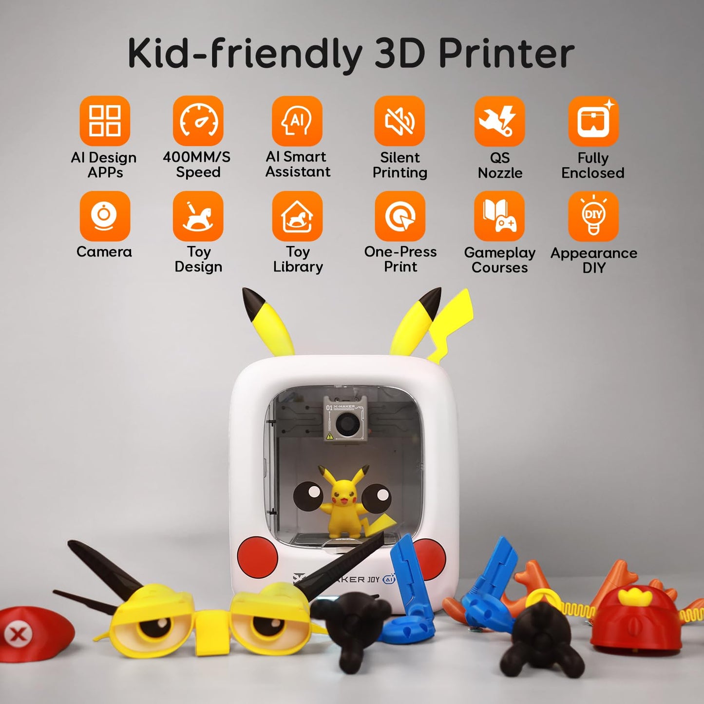 AOSEED AI-Powered 3D Printer for Kids, 3D Printer with 8 PLA Filament Set, AI Design App, Huge Toy Library, Up to 400mm/s Faster Speed, W/ 16+ Mini 3D Design Module, App Control, X-Maker Joy AI+