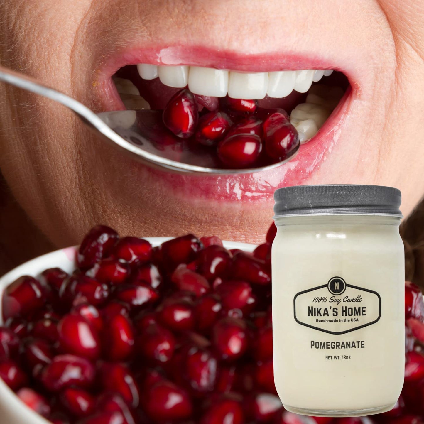 Nika's Home Pomegranate Soy Candle 12oz Mason Jar Non-Toxic White Soy Handmade Long Burning 50-60 Hours Highly Scented All Natural Candles Clean Burning Large Candle Gift Décor