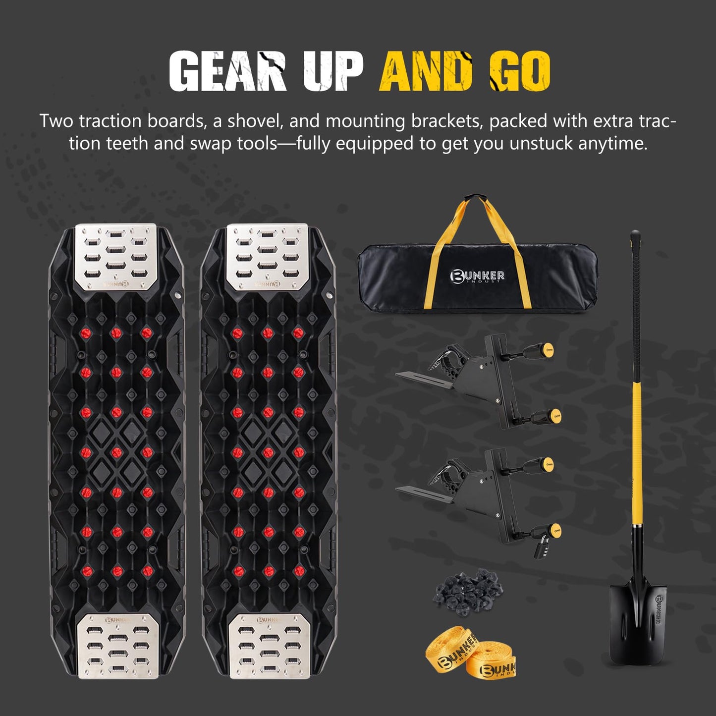 BUNKER INDUST Traction Board Recovery Kit, 2 Pcs Gen 11 Recovery Track with Carry Bag, Side Mount Bracket Kit with Lock, 1 Pcs 59 inch Square Shovel for Garden,Digging,Camping, 4x4 Off-Road