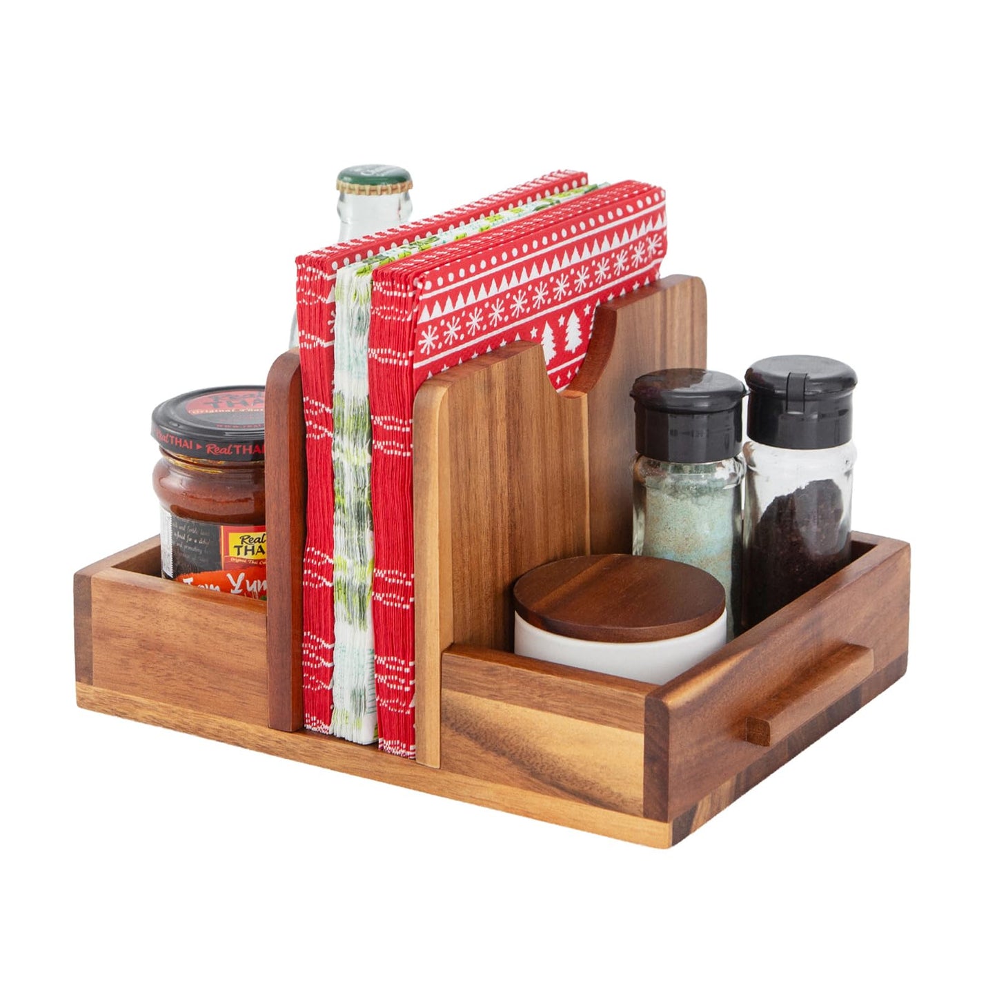 Napkin Holder, Acacia Wood Napkins Holder for Kitchen with Storage Function to Organize Salt and Pepper Shakers, Standing Napkin Dispenser for Decor Dining Room Party Cocktail Restaurant Outdoor Use