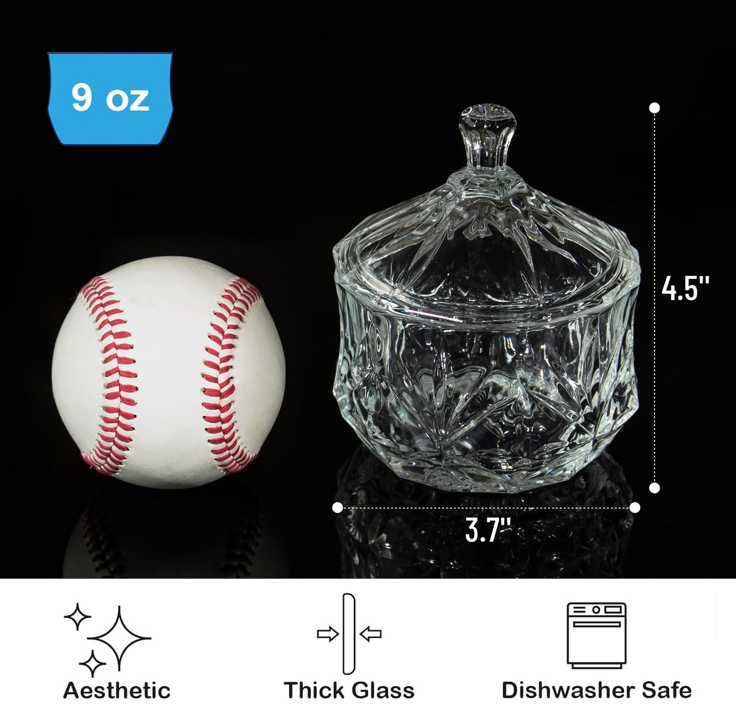 Iyulania Glass Salt Box with Lid, Decorative Spices Jar for Pepper, Kosher Salt, Sugar and Candies, Dishwasher Safe, 9 oz