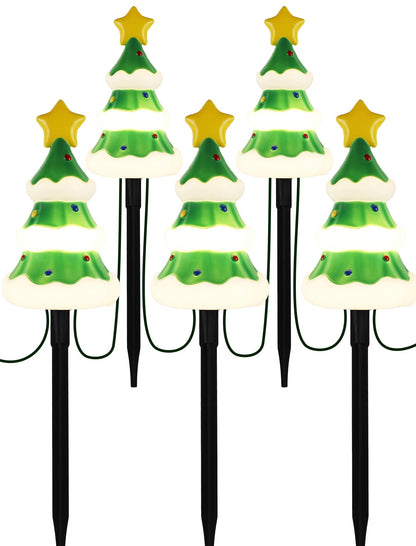 Hobbynors 5 Pack Christmas Decorations Outdoor Pathway Lights, Enchanting Christmas Tree Yard Stakes, Waterproof Holiday Decor Lights for Walkway, Lawn, Garden - Warm White LED