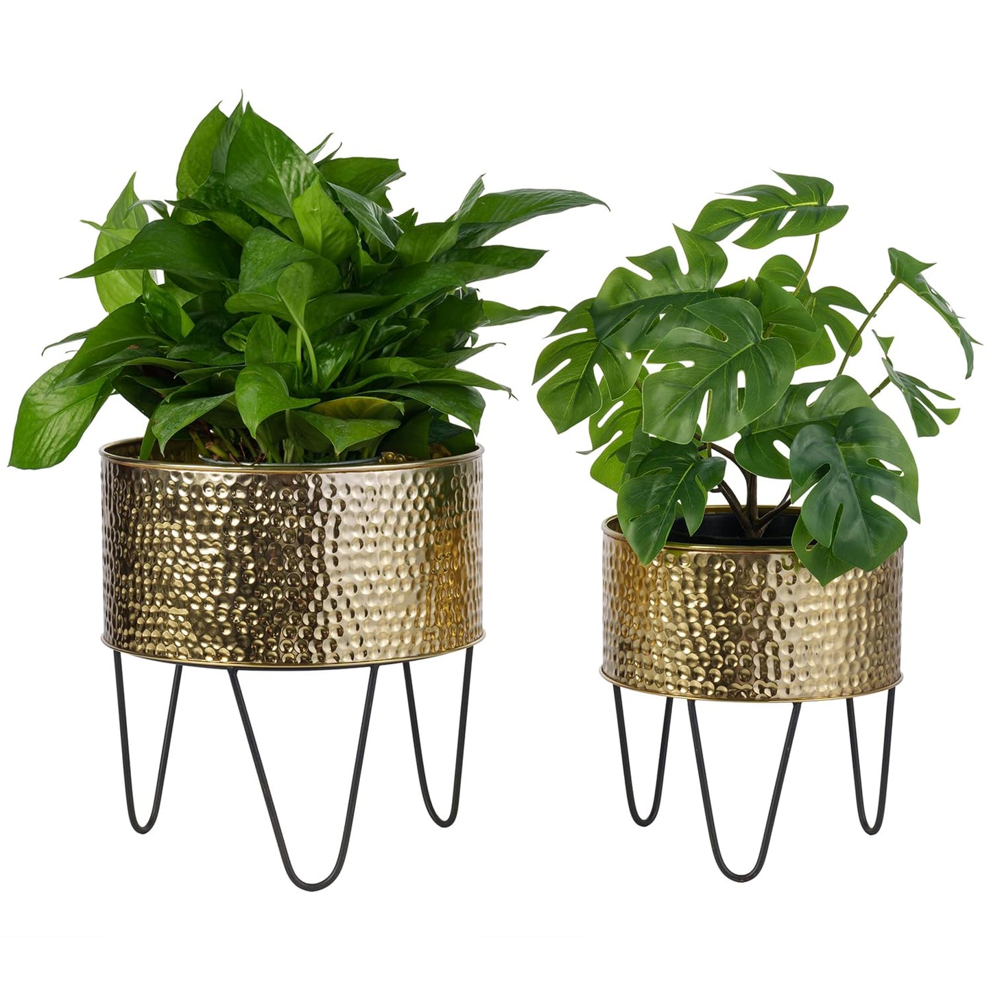 MyGift Modern Brass Tone Metal Planter Pots with Pebbled Texture, Hammered Plant Containers with Matte Black Wire Stands, 2 Piece Set, 8 and 10 Inch - Handcrafted in India