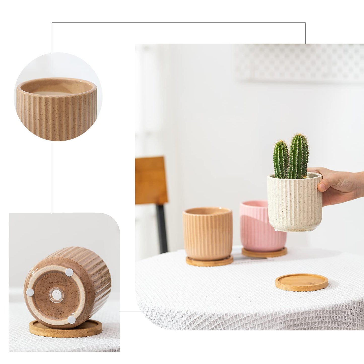 OMAYKEY 4 Inch Ceramic Plant Pot with Saucer, Adorable Stripe Multicolor Small Planters Pots with Drainage Hole & Mesh Pads for Succulent, Snake Plants, Cactus, Herbs - Set of 4