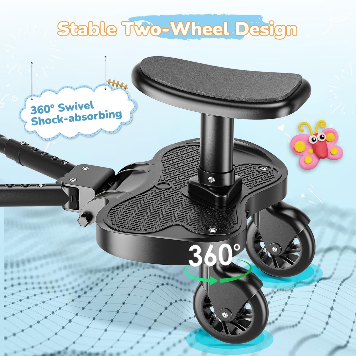 BugyKido Buggy Board, Universal Buggy Board with Seat for Children, Baby Kiddy Board, Stroller Accessory from 2-6 Years (25 kg), for Over 99% of Baby Carriages, Black Wheels