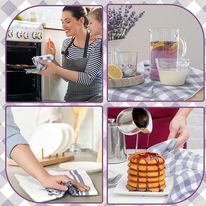 Set of 6 Lavender Kitchen Towels Purple Floral Dishtowels Rustic Absorbent