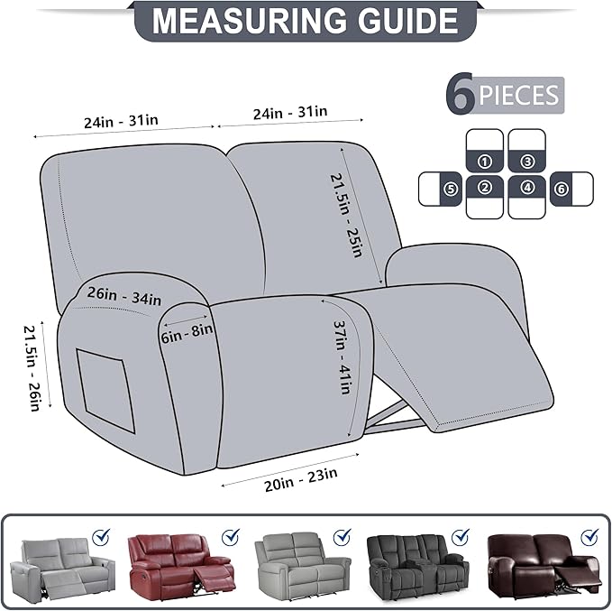 ANARACHON Leather Look Loveseat Recliner Cover, 6-Pieces Stretch Dual Recliner