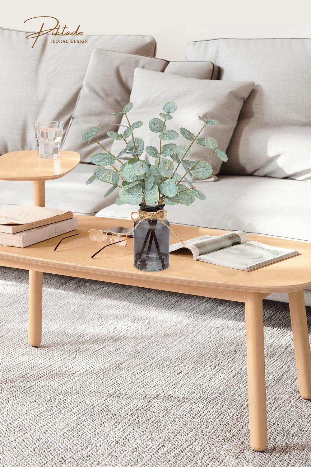 Piklado Artificial Eucalyptus Stems in Vase with Faux Water,Fake Plants for Bathroom,Coffee Table,Green Leaves for Centerpiece,Faux Greenery Plants Decorations.(Green-Black Bottle)