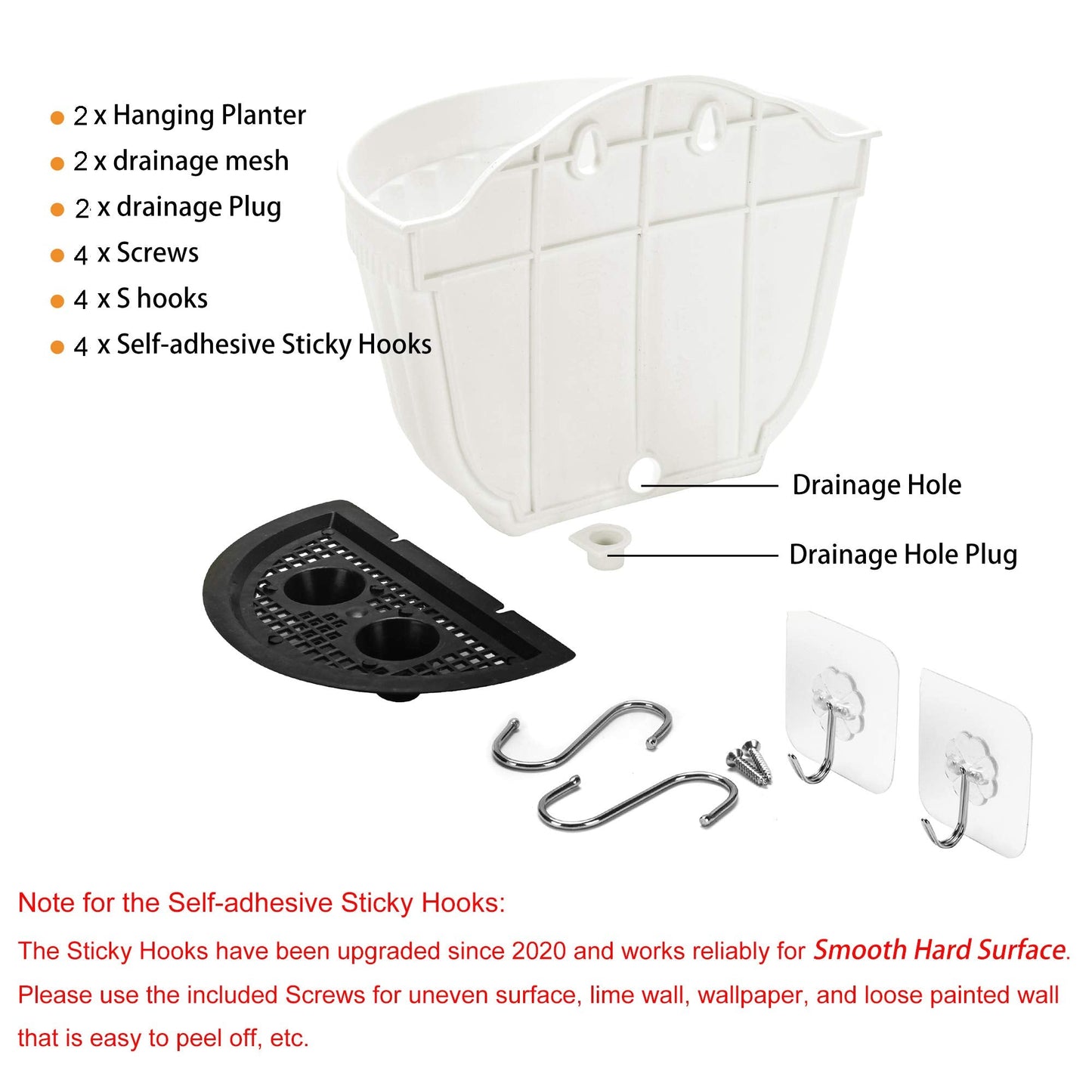 2 Pack White Plastic Wall Hanging Planters for Indoor Plants Wall Hanging Plant Holder with Drainage Hole Balcony Planters Railing Hanging Pot Fence Vertical Living Wall Mount Decor with Hooks