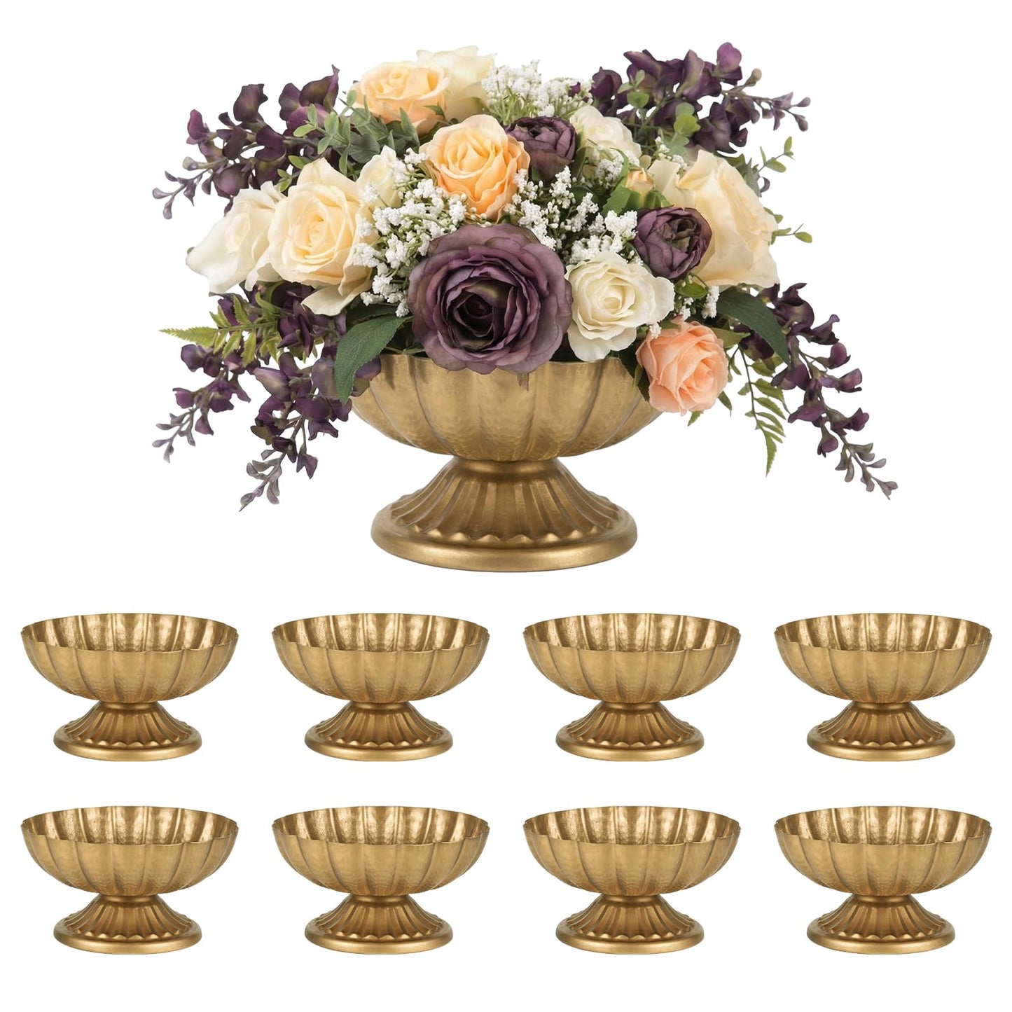 Set of 8 Antique Gold Compote Vases, 7.1" W x 3.94" H Metal Pedestal Vase for Centerpiece, Small Brass Compote Bowls for Floral Arrangements, Table Decor for Wedding Events Parties Decoration