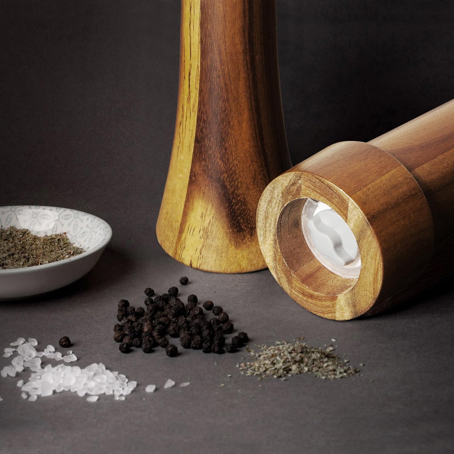 MAITTON Wooden Salt and Pepper Grinder Set Chess Piece Design – Refillable Manual Spice Mills with Adjustable Coarseness, Ceramic Core Acacia Wood 8 Inches