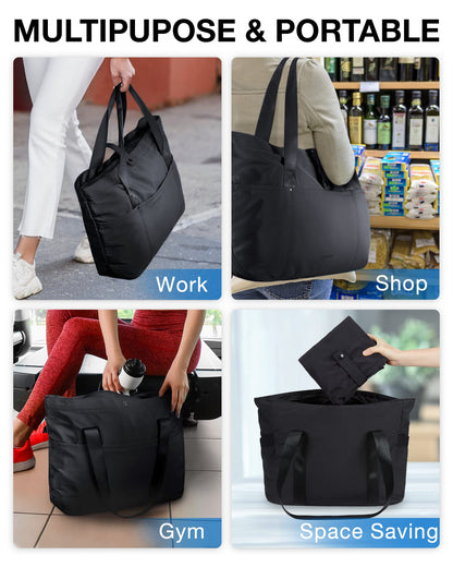 bagsmart Tote Bag for Women, Foldable Tote Bag, Handbags & Shoulder Bags with Zipper for Travel, Beach, Gym, Work, School