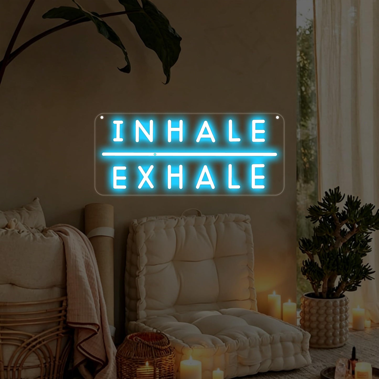 Inhale Exhale LED Neon Sign, USB Dimmable Neon Wall Decor for Yoga Studio, Meditation Room, Bedroom, Gym, Spa, Wellness Space, and Home Studio, Reading Room, Pilates Gift, Aesthetic Neon Sign Wall Quote-Ice Blue/Warm White-16.4" x 7"