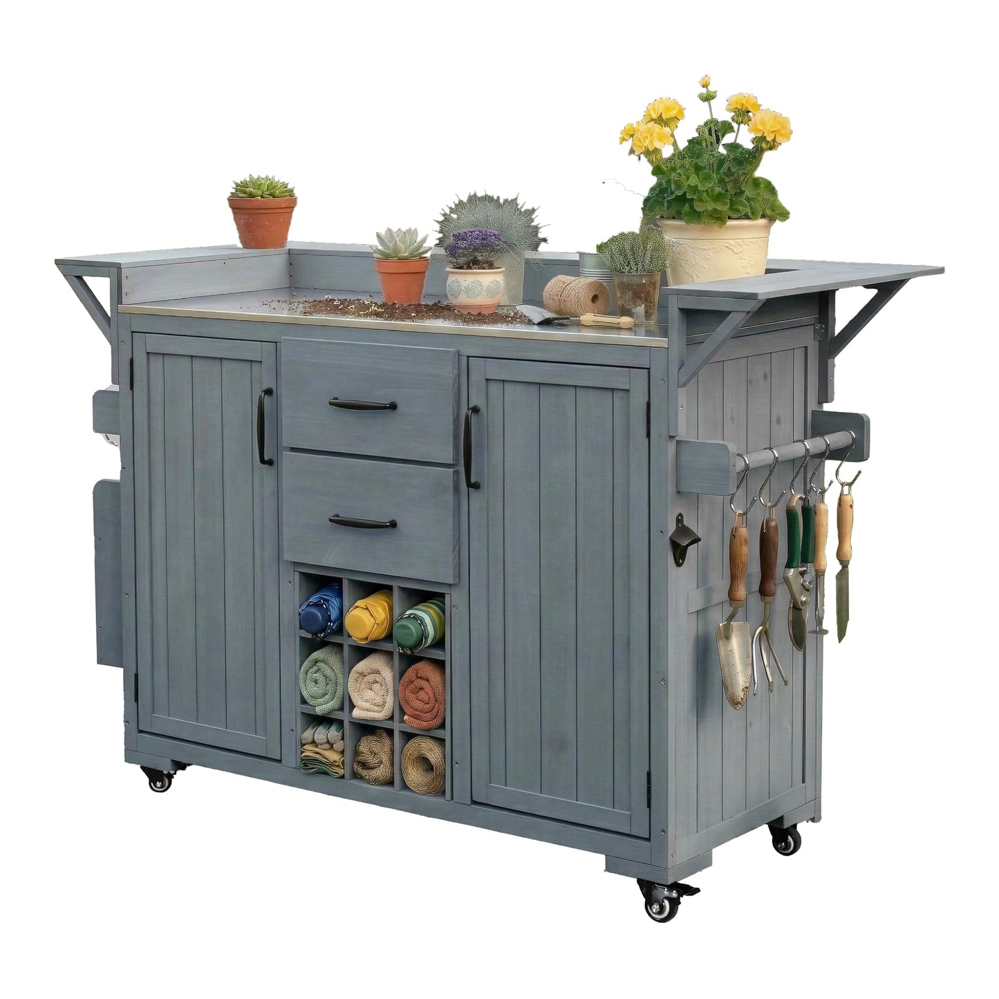 GDFStudio Elhill Patio Kitchen Island Cart with Extendable Top, Wooden Outdoor Storage Cabinet with Stainless Steel BBQ Prep Table Top, Wine Rack, Spice Rack, Drawers and Lockable Wheels, Gray