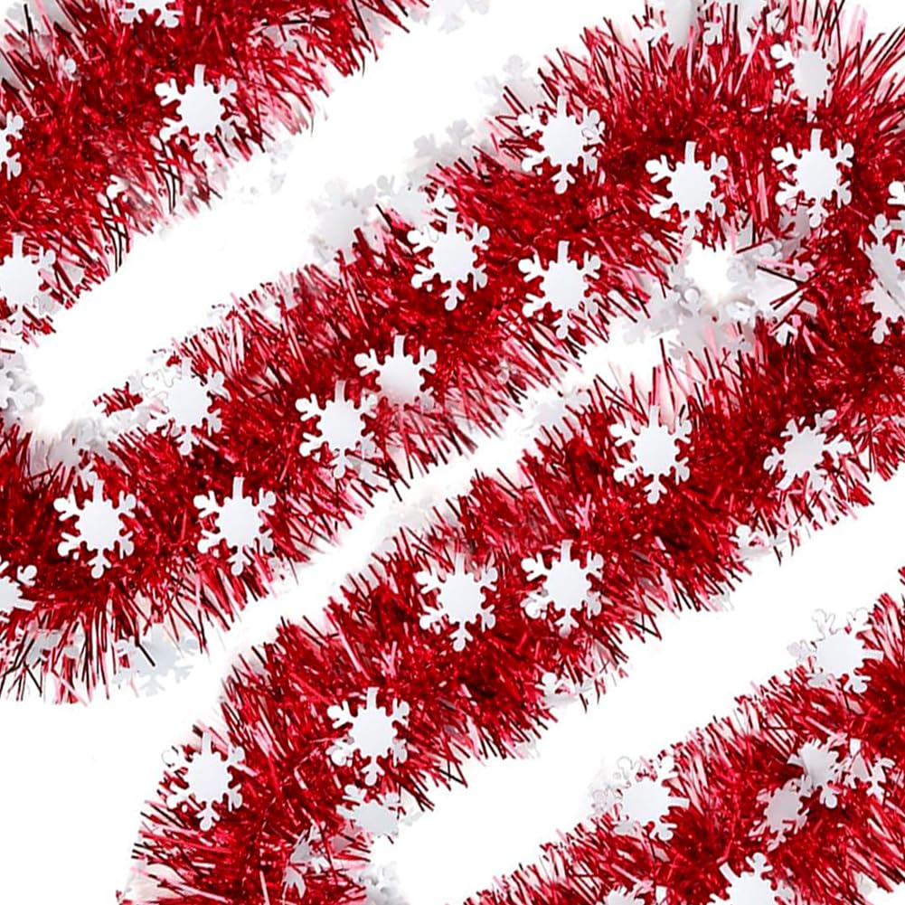 66Ft Christmas Red Tinsel Garland Xmas Tree Decorations Shiny Thick Red with Snowflake Metallic Twist Garland Ceiling Hanging Decor for New Year Party Holiday Indoor Outdoor Supplies
