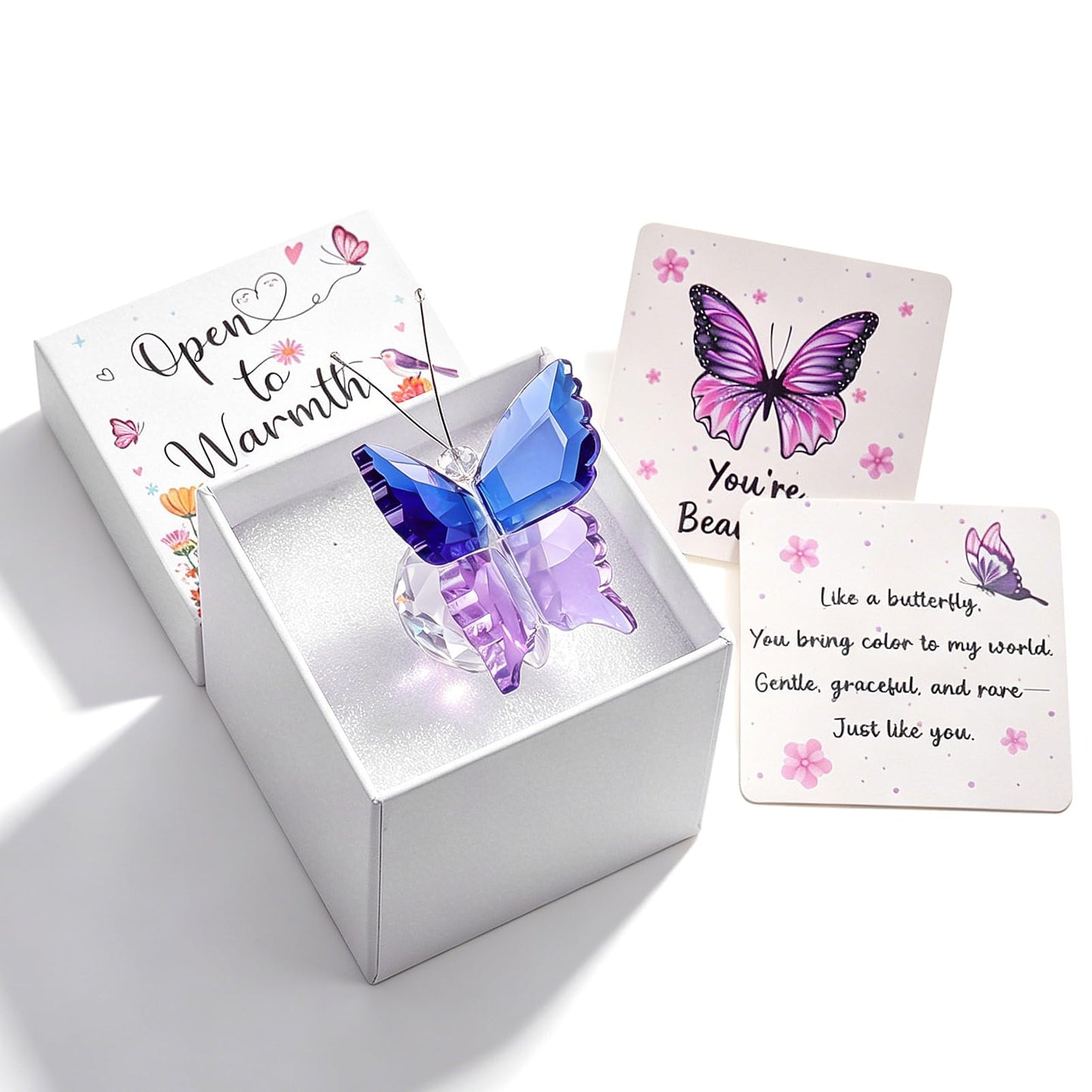 Crystal Butterfly Figurine, "You're Beautiful" Encouragement Gift with Card & Gift Box, Thinking of You Present for Mom Sister, Sympathy Get Well Soon Gift for Women, Blue-Purple Butterfly Decor