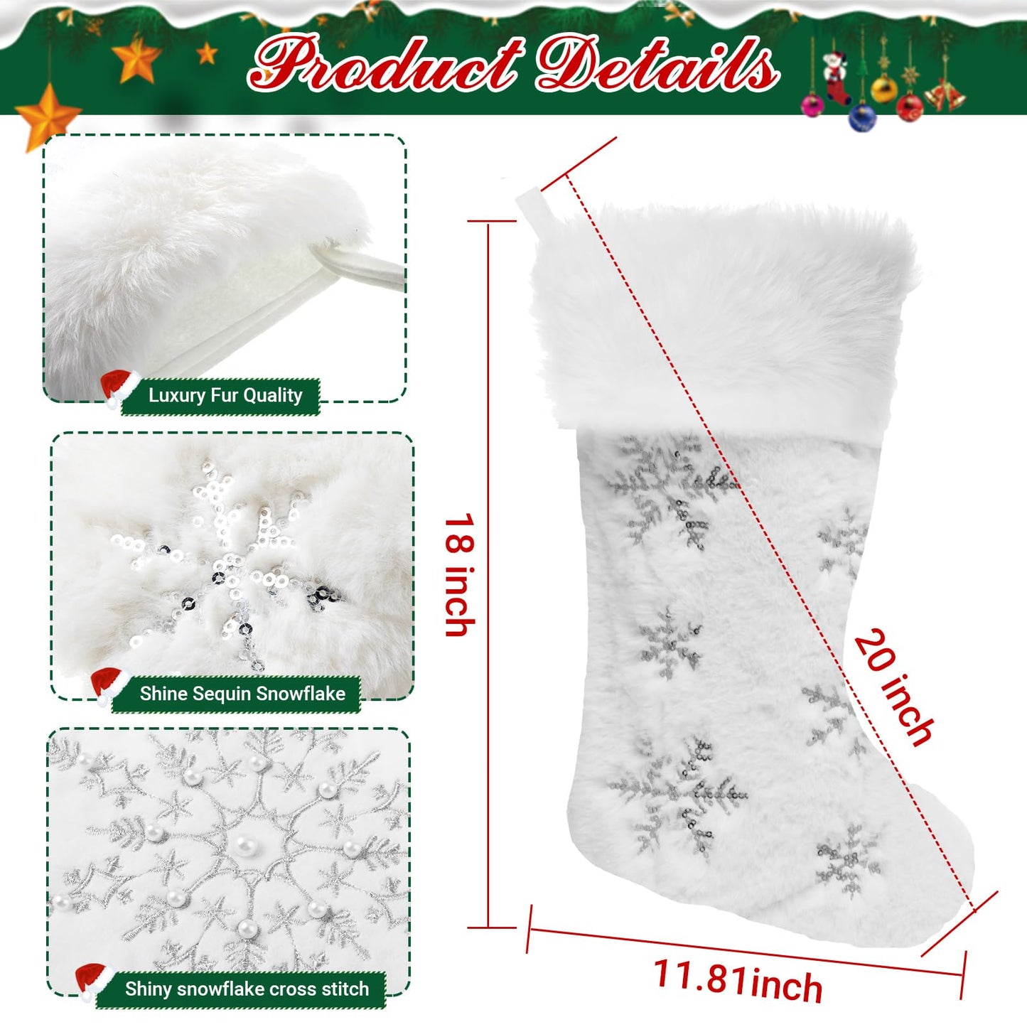 Seematn 6 Pcs Christmas Stockings with 6 Pcs Stocking Holders Set 20 Inch White Faux Fur Xmas Stockings Embroidered Snowflake Xmas Stocking Large Family Holiday Fireplace Hanging Decor(Gold,Stylish)