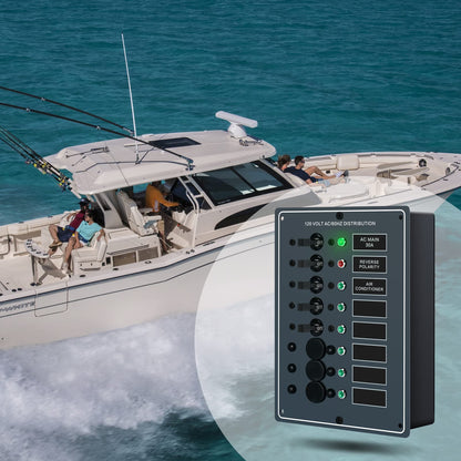 Haoguo AC Main 6 Positions Circuit Breaker Panel with Red Reverse Polarity LED Indicator, Included Free AC Isolation Back Cover, Pre-Wired, Ideal for Marine RV Yacht