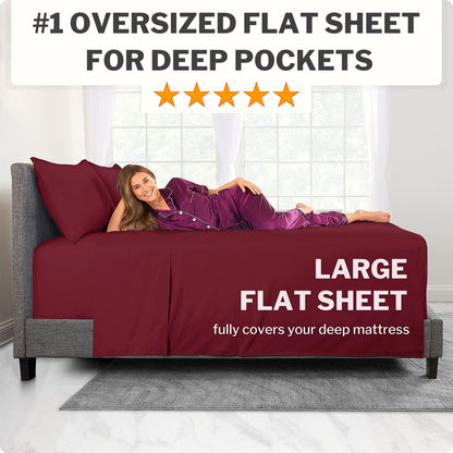 Deep Pocket King Size Sheets – 21” Extra Deep Pocket King Size Sheets – [4 Piece Set] King Bed Sheets Oversize Flat Sheet, Fitted Sheet, 2 Zippered Pillowcases 18”–23” Deep King Sheets – Burgundy