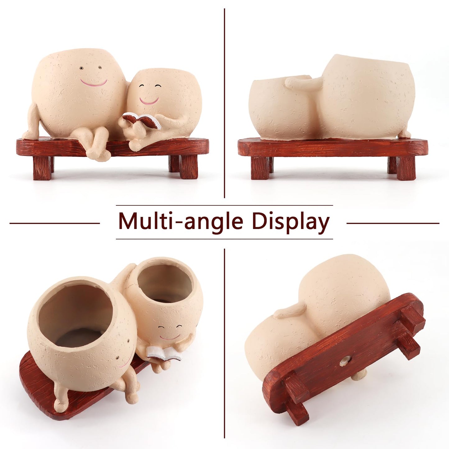 Meltset Cute Face Planter Pot - Funny Double Head Planter Sitting on Bench, Smiley Succulent Pot with Drainage Indoor and Outdoor, Unique Gift for Plant Lovers(Light Brown)
