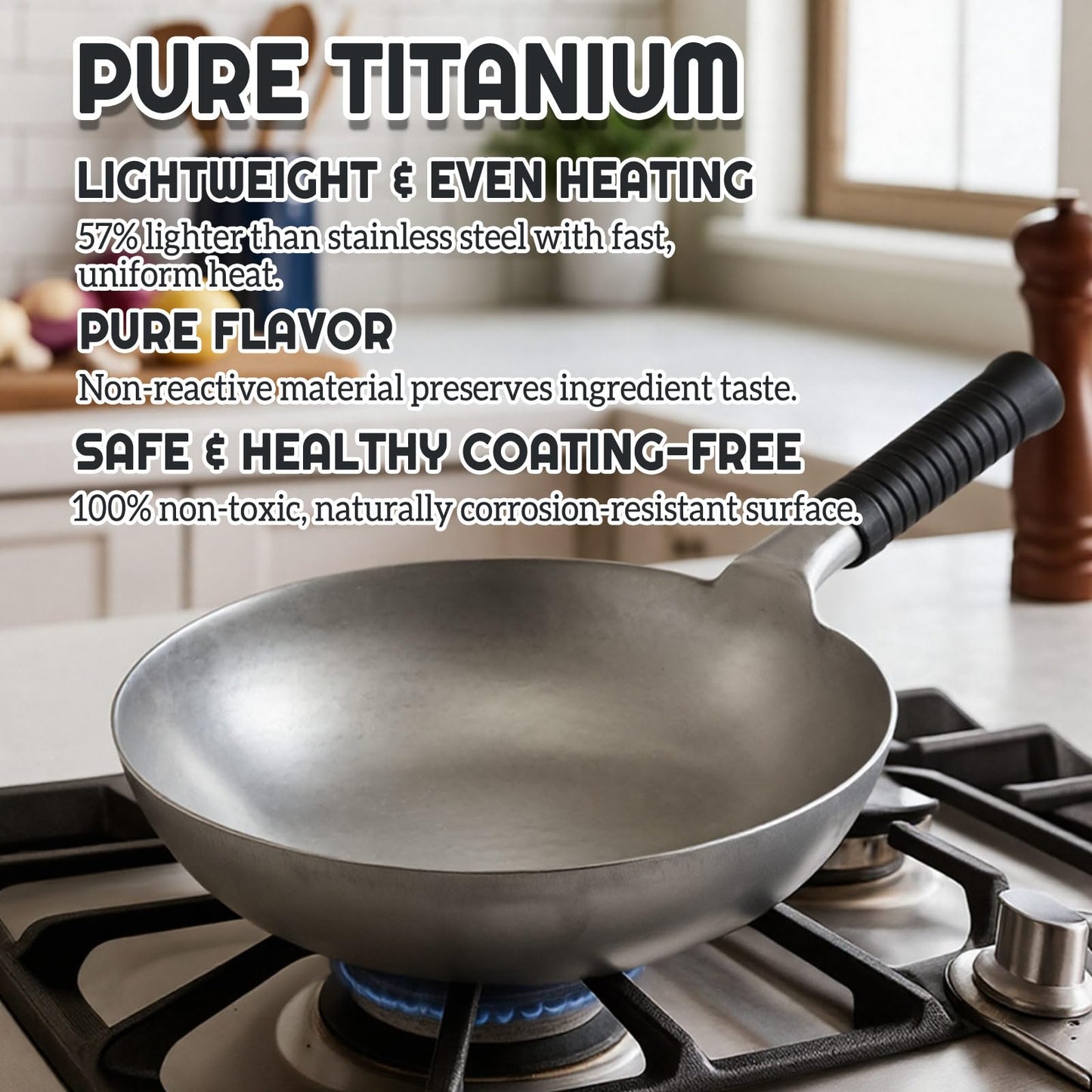 Yiyiring Pure Titanium Wok with Lid, Ultra Lightweight 2.5 Lbs Titanium Wok Single-piece Molded No Coating Rivetless Handcrafted Frying Pan Durable Cookware for Gas Stove Home & Outdoor Camping
