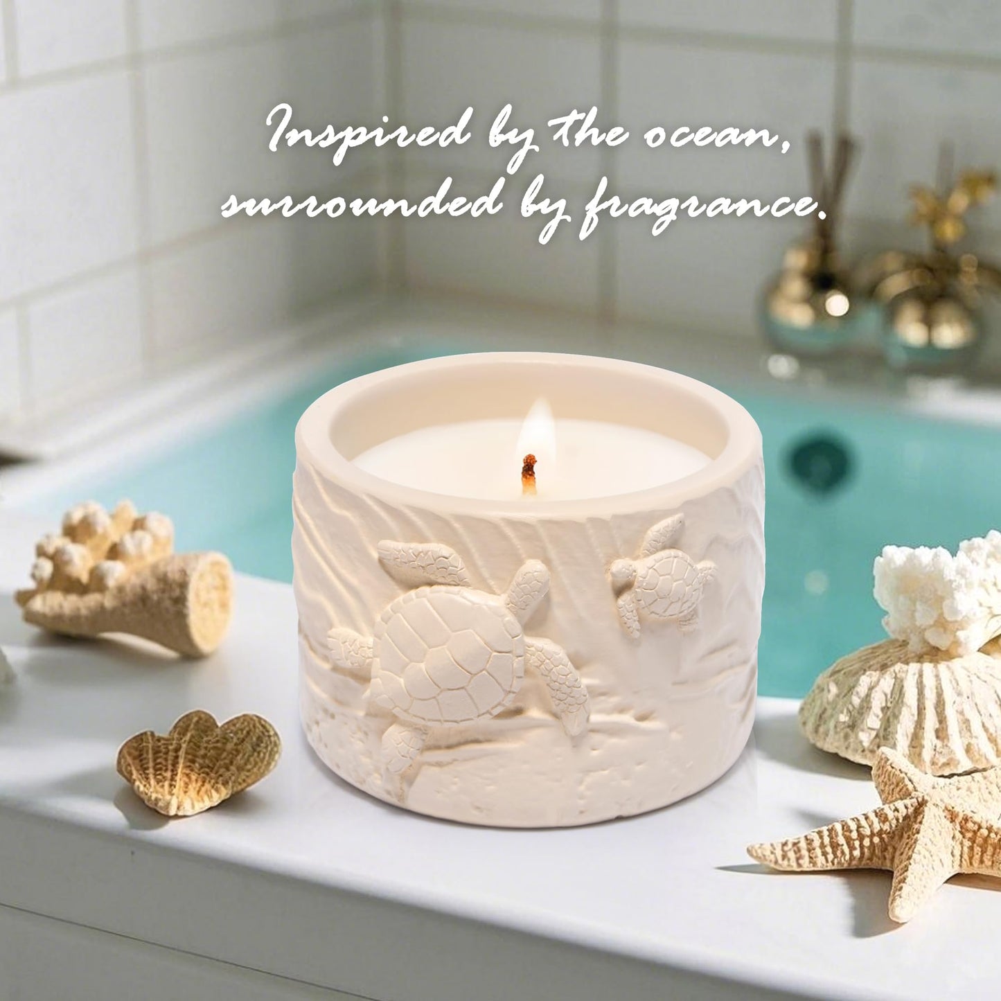 Hodao Oceanic Serenity Handcrafted Aromatherapy Box with Candle & Decor – Beach Rock Sculpture with Sea Turtle, Seashells, for Home, Bathroom, Yoga Room Decor (Brown-Turtle)