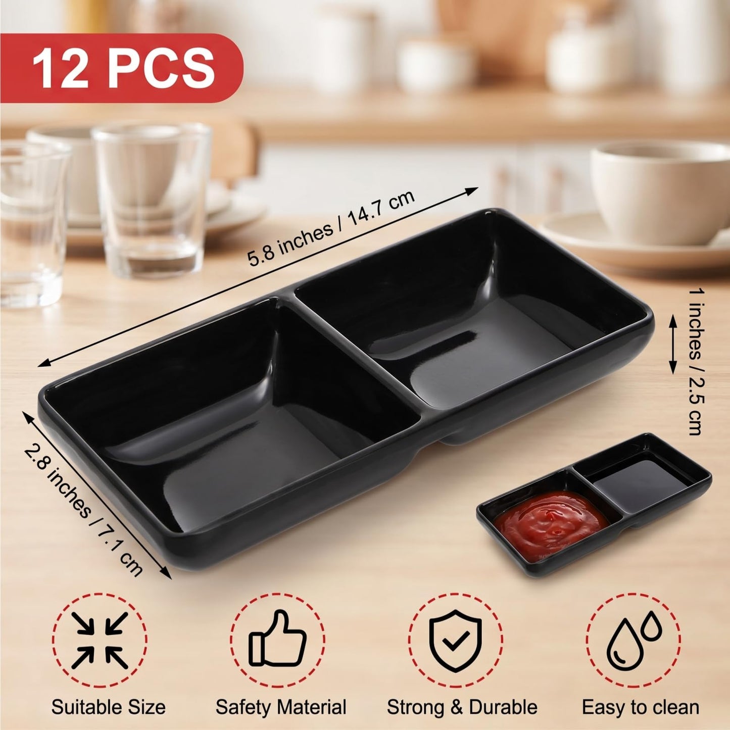 Jowgut 12 Pieces Dual Dipping Sauce Bowls, Melamine Soy Sauce Dish with 2 Compartments, Divided Fondue Plate Appetizer Plate for Restaurant Kitchen Parties Condiments Sauce Ketchup Dishwasher Safe