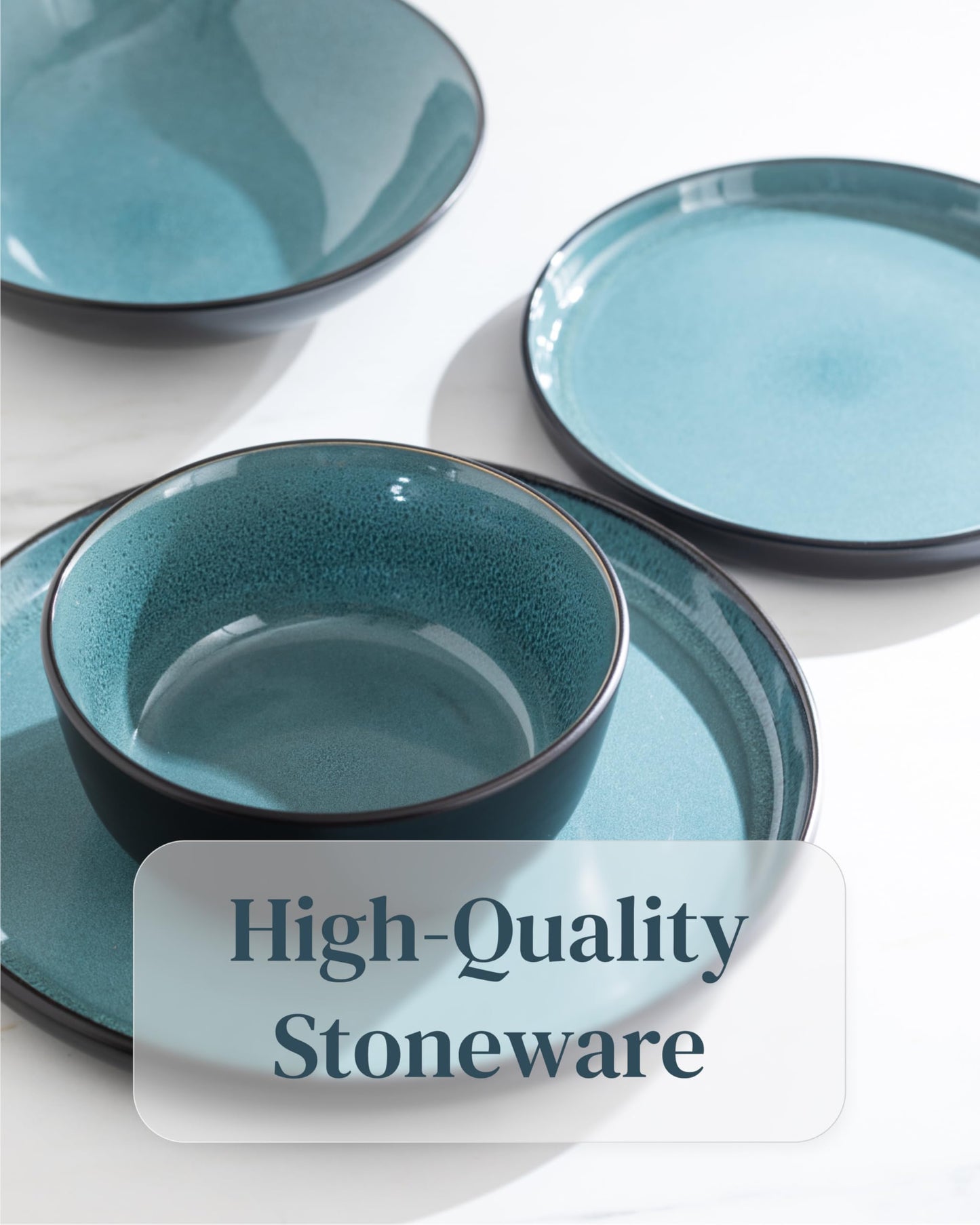 Stoneware large soup bowls set 4 pcs – 27 oz dark petrol blue pasta & cereal bowls 5.5" – Dishwasher and microwave safe – Modern kitchen bowl set – Dinner service Pure Living