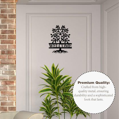 12" x 9.74" Black Metal Welcome Sign for Front Door, Tree of Life Wall Art Decor, New Home Welcome Porch Sign, for Home Living Room Office