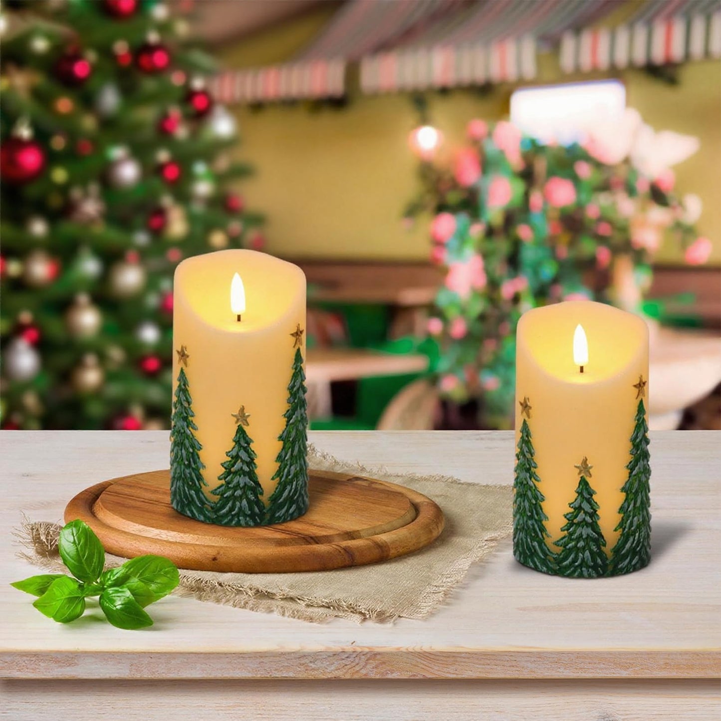 Eldnacele Christmas Flameless Candles with 6 Hour Timer Battery Operated Hand Painted Christmas Tree Real Wax 3D Wick Flickeirng LED Pillar Candle for Dinner Indoor Holiday Xmas Decor(2Pcs,D3×H5.7)