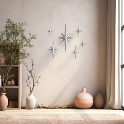 BreezeHug 6 Pcs Mid Century Modern Home Decor Star Art Wall Sculpture with Rhinestone Retro 3D Plastic Star Art Wall Sculpture Bling Diamonds Decor for Home Office Bedroom Entryway(Silver)