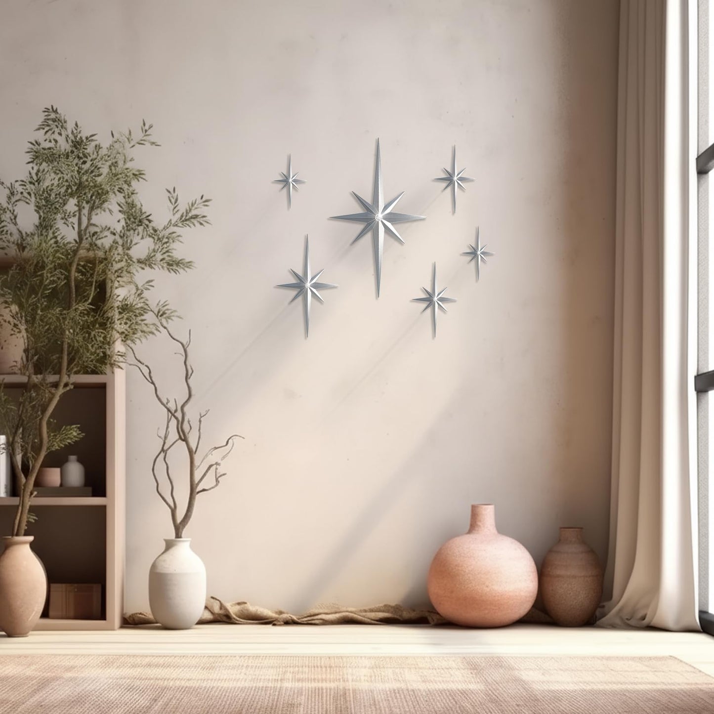 BreezeHug 6 Pcs Mid Century Modern Home Decor Star Art Wall Sculpture with Rhinestone Retro 3D Plastic Star Art Wall Sculpture Bling Diamonds Decor for Home Office Bedroom Entryway(Silver)