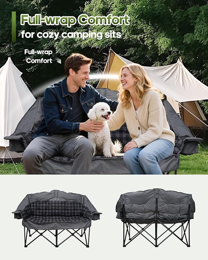 Double Camping Chair Padded Loveseat Camping Couch, Oversized 2 Person Camp