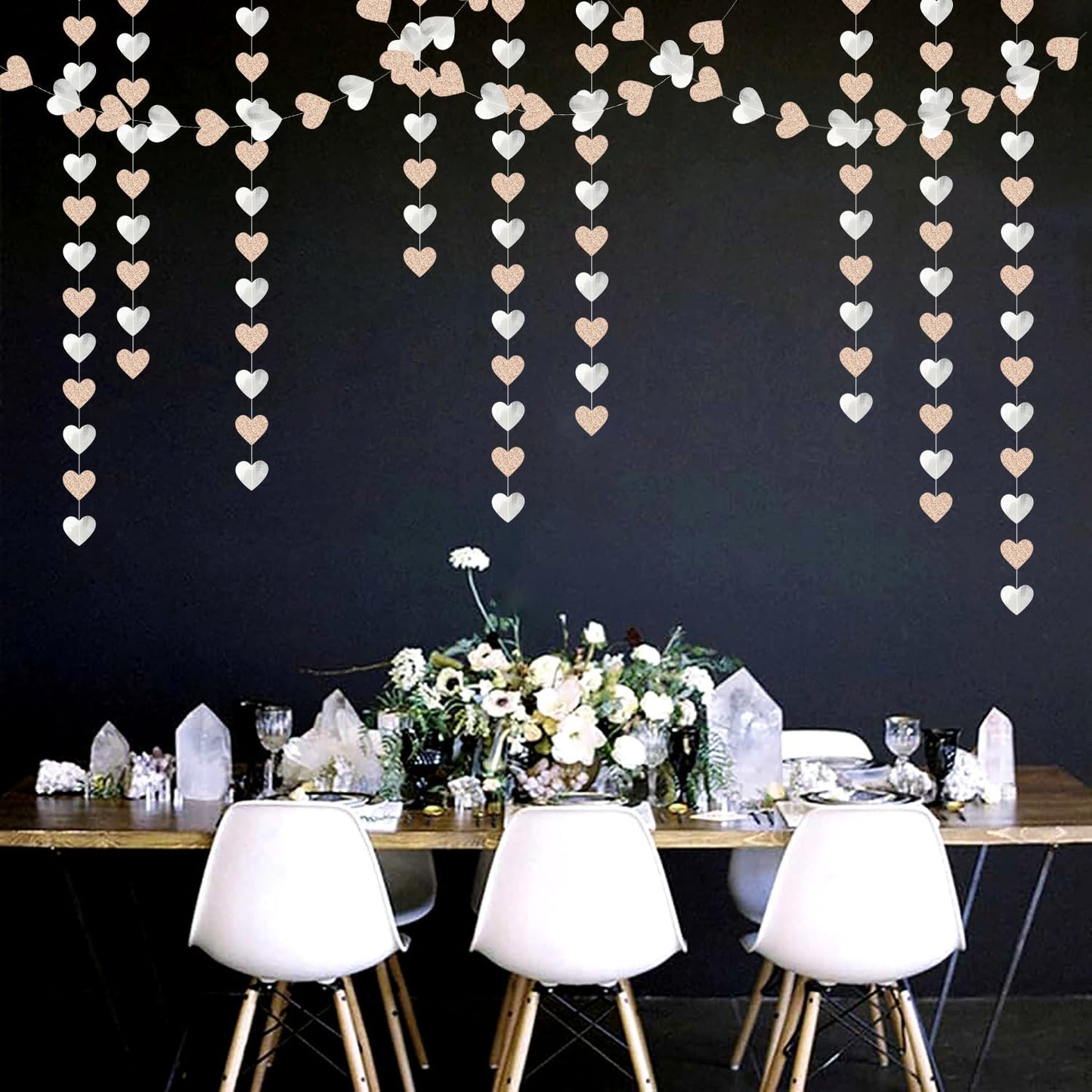Champagne-Silver Disco Boho Party-Decoration Heart Garland - 52ft Glitter Birthday New Years Eve Hanging Backdrop Streamers,Engagement Wedding Bachelorette Banner Decor Lasting Surprise