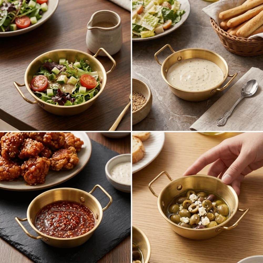 Anu Limen 3 Pcs Multiple Sizes Golden Stainless Steel Round Sauce Bowl with Handle Reusable Stackable Dipping Seasoning Dish for Appetizer Soy Sauce