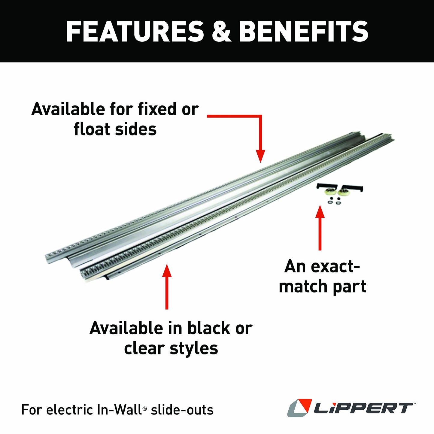 Lippert in-Wall Replacement Triple Rack Repair Kit for RV Slide-Out Systems with Hook Racks, V-Rollers, Retainers, Rivets, Rack Shoes, Wear Pads, Plugs, Sealing Foam, Float Side, Clear - 366161