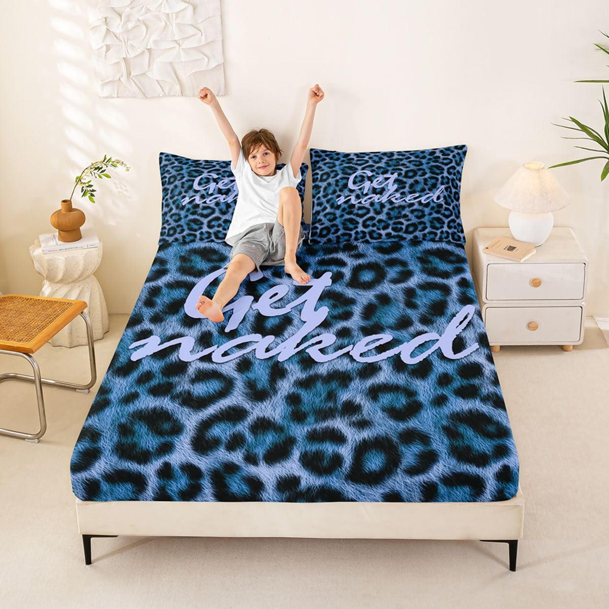 Feelyou Leopard Print Get Naked Fitted Sheet Full Size for Kids Boys Girls Funny Quotes Bed Sheets Set 16" Deep Pocket Soft Microfiber Blue Black Bedding with 2 Pillowcases Cheetah Room Decor