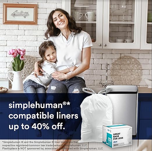Plasticplace Custom Fit Trash Bags Compatible w Simplehuman Code H Drawstring