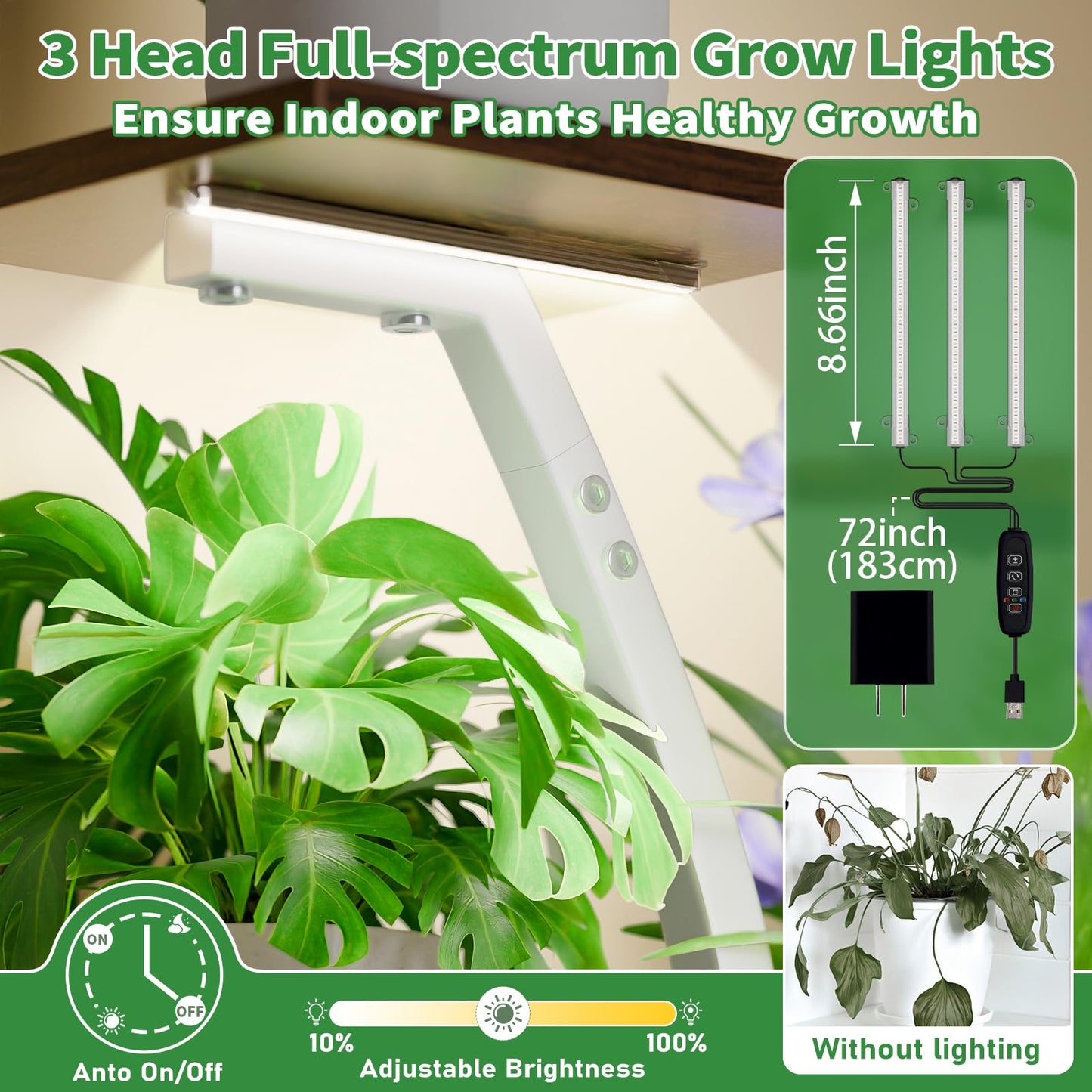 Plant Stand Indoor with Grow Lights, 6 Tiered Plant Shelf Indoor, 50" Corner Plant Stands for Indoor Plants, Lighted Tree-Shaped Plant Holder, Tall Flower Display Rack for Living Room, Patio（White)