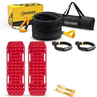 BUNKER INDUST Off-Road Traction Boards (Red) + 3/4in×20ft Kinetic Recovery Rope with 2 Soft Shackles Kit