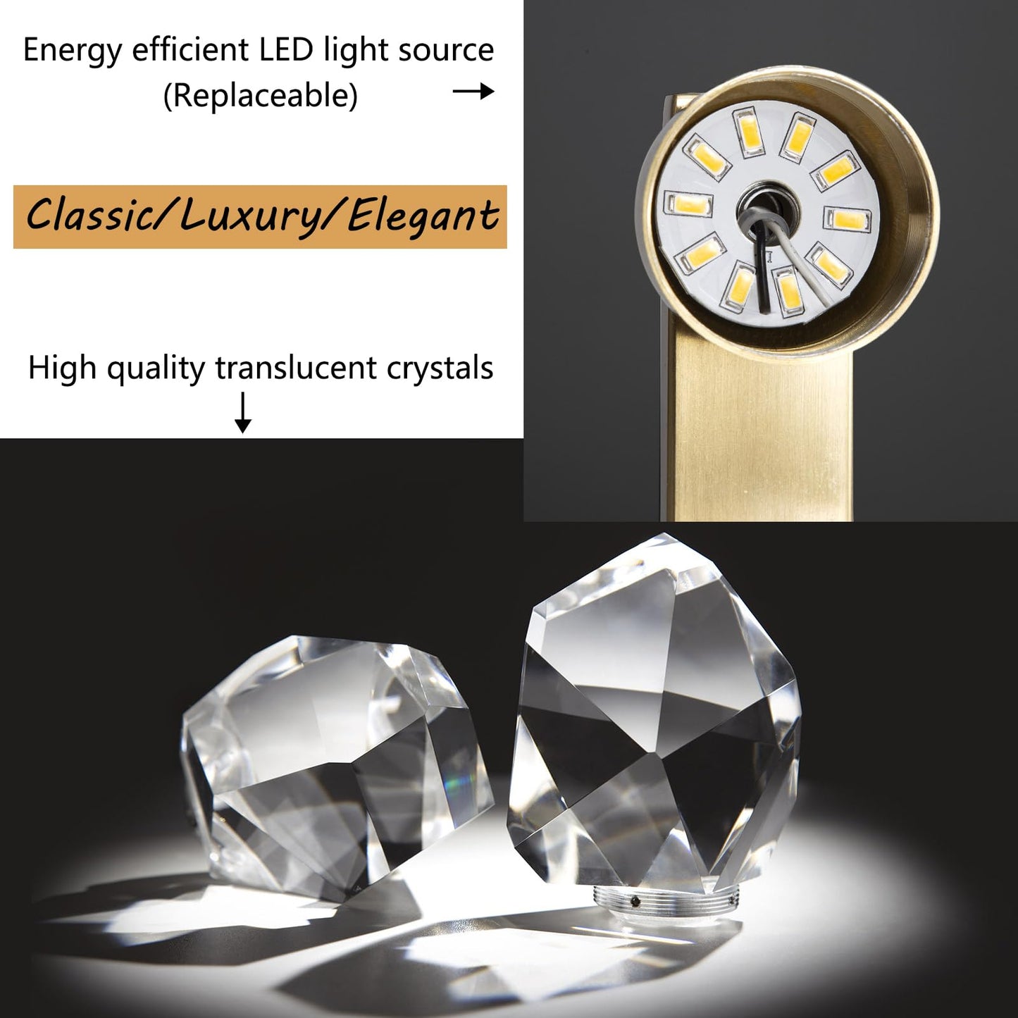 HAIXIANG 2 Packs Wall Sconces - Gold Modern Crystal Vanity Lighting for Dining Room, Bedroom, Living Room, Entryway, Bathroom - Wall Mount Lighting Fixture - Warm Light