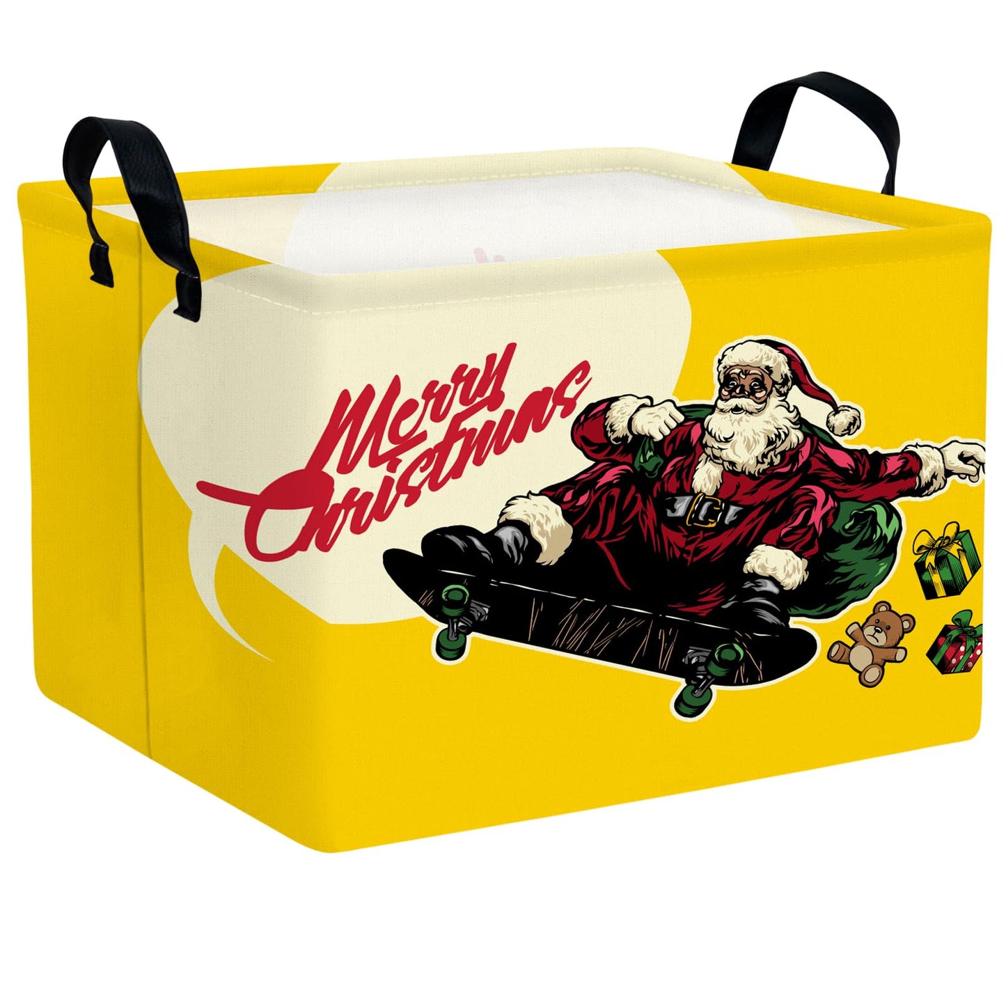 NIETEIN Large Kids Christmas Holiday Gift Empty Baskets Collapsible Families Holiday Storage Bin with Handle (Santa Claus Skateboarding)