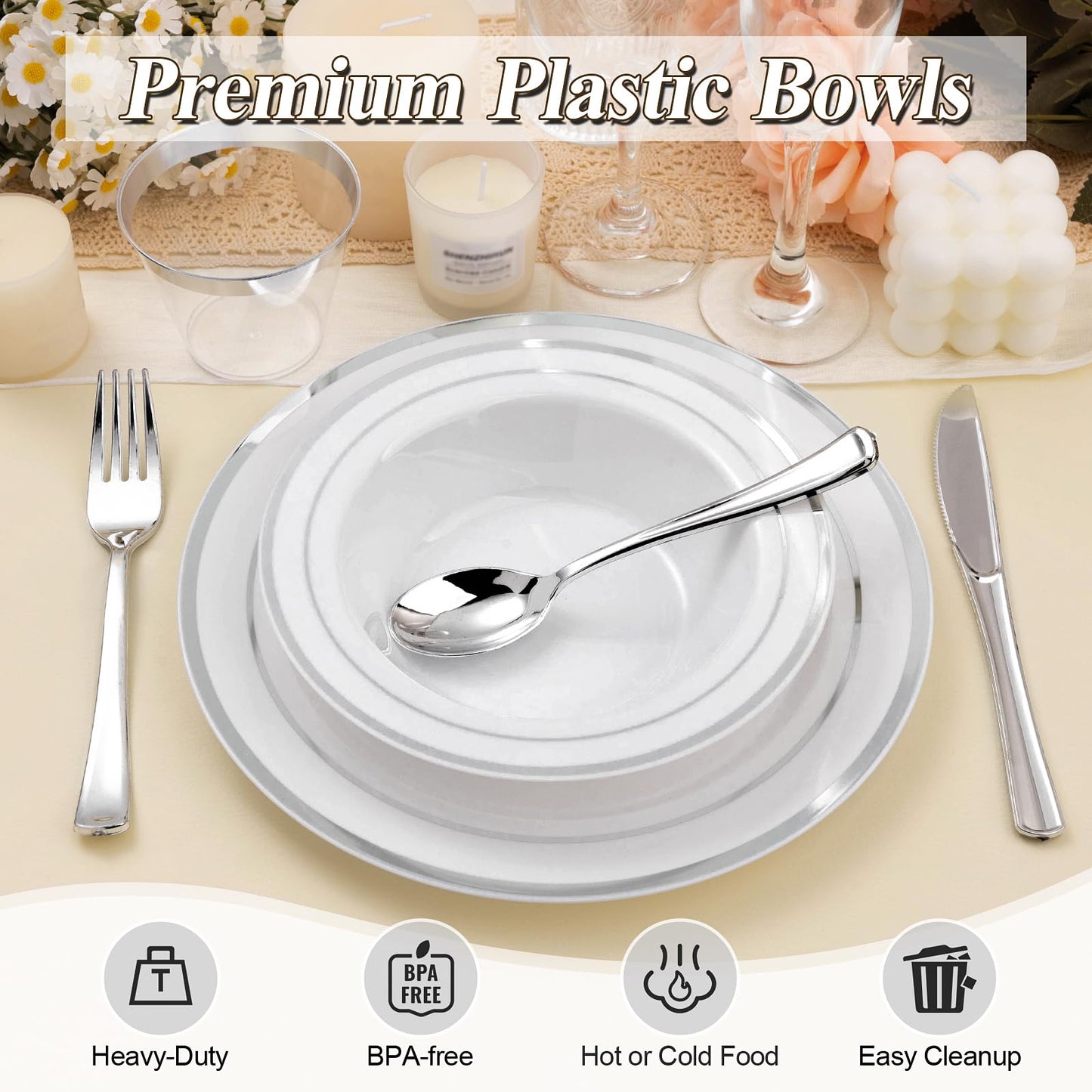 BESTSTAR 100 Pack Disposable Soup Bowls with Silver Rim, 12oz Premium Heavy Duty Plastic Dinner Bowls for Party, Wedding and Holiday