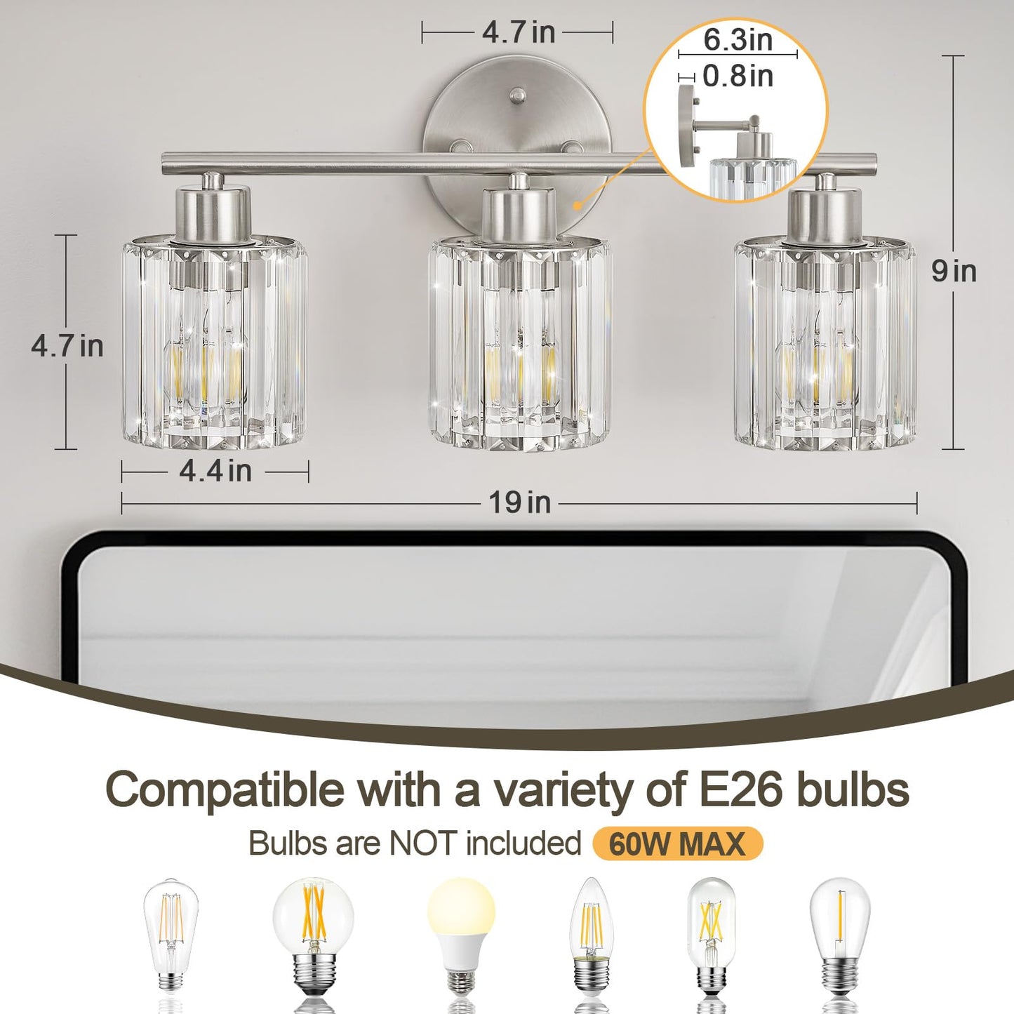 Kvhiiw Crystal Bathroom Light Fixtures, Bathroom Lighting Fixtures Over Mirror, Modern 3-Light Brushed Nickel Vanity Lights for Mirror, Restroom, Kitchen(Ceramic E26 Socket,Bulbs Not Include)